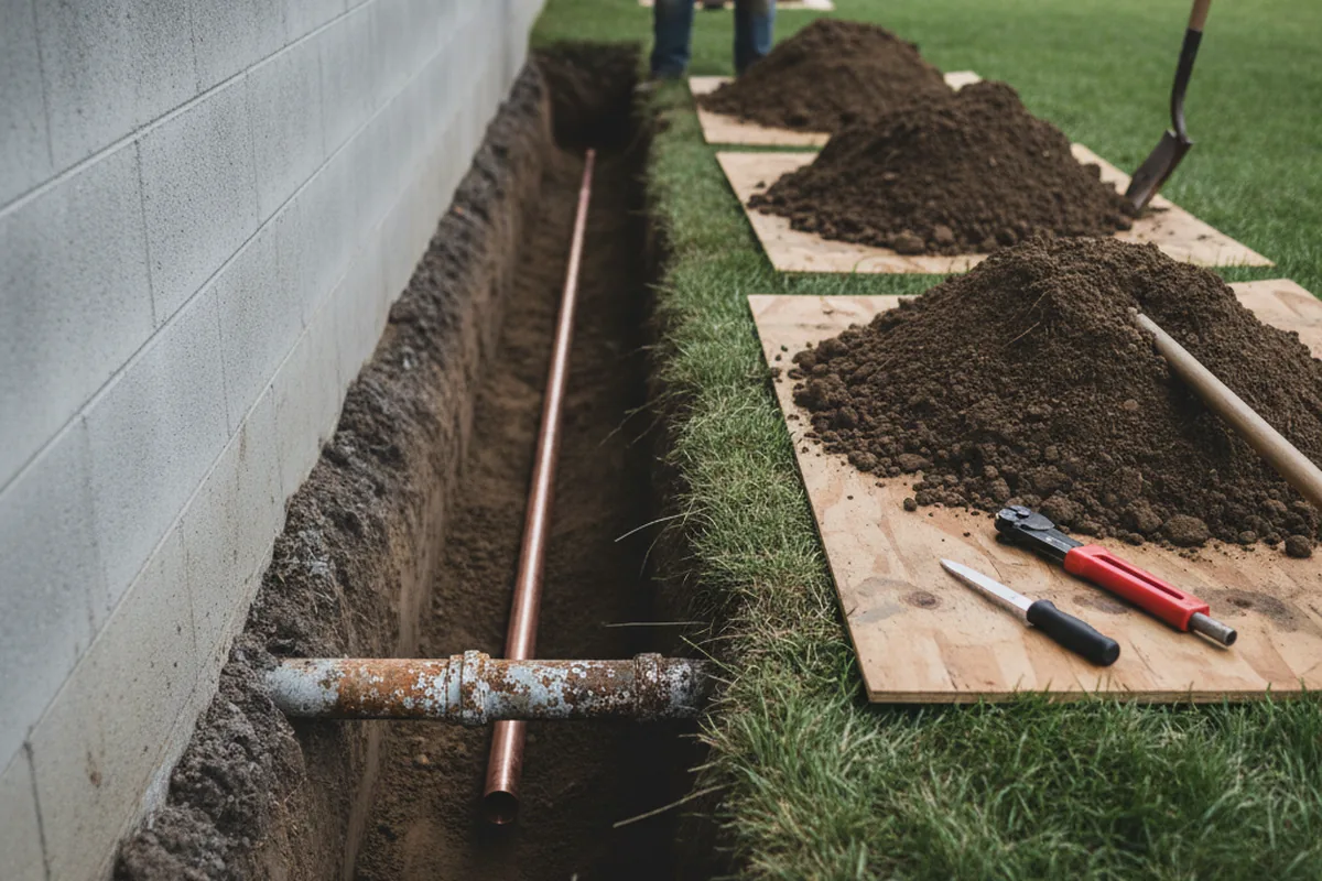 Excavated water line trench during Sewer Line Repair in Baxley